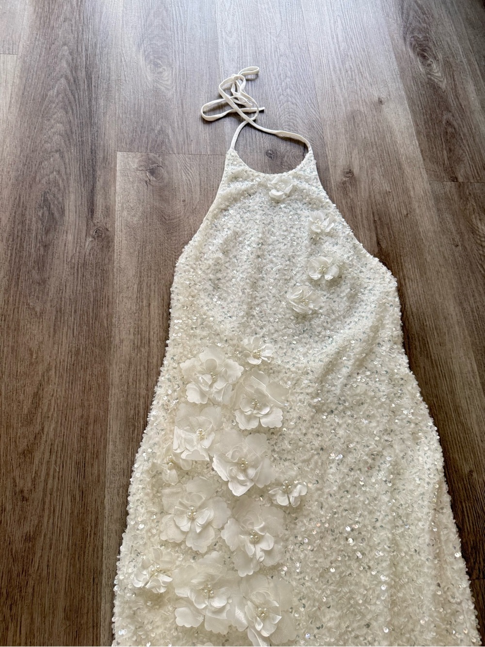 helsi brice white halter sequin 3d floral applique maxi gown dress size small - Picture 8 of 13